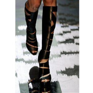 Gucci Helena Babylon Cutout Knee High Black Leather Platform Boots